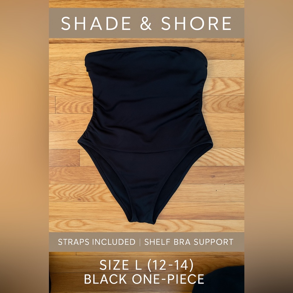Shade & Shore Black Strapless One Piece Swimsuit w/ Straps & Support L 12/14